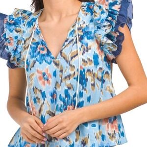House of Harlow 1960 Women's Zoey‎ Blue Floral Print Ruffle Sleeve Top Large NWT